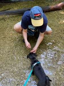 man squatted down feeding a small black dog treats in a river. The dog is wearing a teal leash